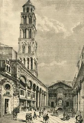 Kilátás Spalatróban, a Campanile és a Diocletianus-palota perisztíliája látható, 1890.