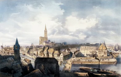 Kilátás Strasbourgra (Franciaország) a Saint Guillaume-toronyból. Litográfia színekben.