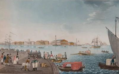 Kilátás a Néva folyóra és a szentpétervári tőzsdére, az 1800-as évek elején