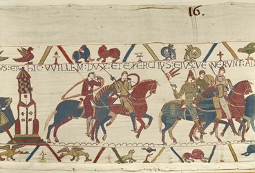 Vilmos a Bretagne-i Conan herceg ellen vezeti seregét, Bayeux Tapestry (gyapjú hímzés vászonra)