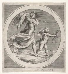 Szárnyas női alak, leterítve és bottal, szárnyas puttó mögött lépdelve..., kb. 1550-1600.