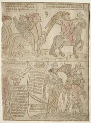 oldal az Apokalipszisből A sáskák a mélység angyalával és A hatodik trombita, 1400-as évek.