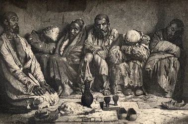 Egy ópiumbarlang Közép-Ázsiában, illusztráció a „The World in the Hands” című művéből, Charles Laplante (megh. 1903) metszete, 1878-ban megjelent