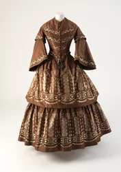 Barna és krémszínű selyemruha, szőtt hajszálas à diszpozíció, 1850-es évek (selyem)
