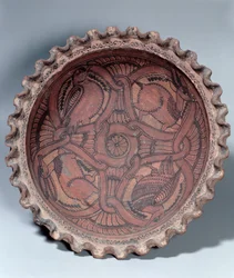 Kopt csésze, festett terrakotta, szajrészegélyekkel, egyiptomi, Kr.u. 7. század