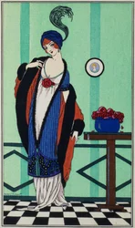 Prémes kabát muszlin tunikával, Robert Pichenot Costumes Parisiens c. művéből, 1913
