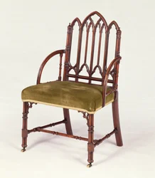 George III mahagóni fotel gótikus stílusban, Robert Manwaring módjára, 1765 körül