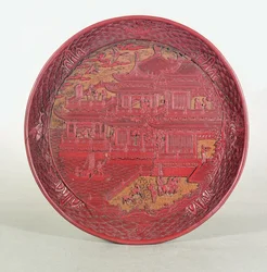 Lakk edény, faragott, Tang herceg orchidea pavilonját ábrázolva, 1489