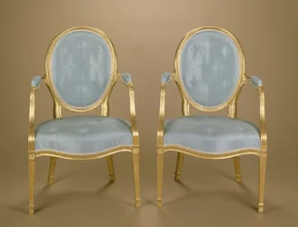Adam ovális támlájú aranyozott faragó szék, kék kárpitozással, 1780 körül