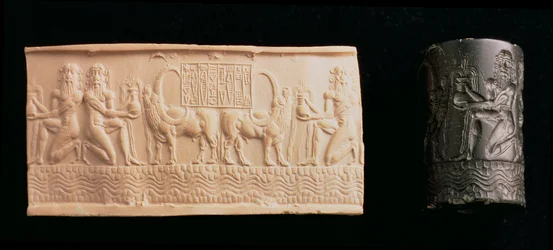 00326 Shar-kali-sharri, Akkád királya, Mezopotámia hengerpecsétje, ie 2340-2100 körül (fekete márvány)