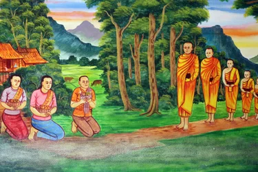 20151029, Vientiane, Laosz: Wat Si Muang (Simuong) buddhista templom. Sákjamuni Buddha élettörténetét ábrázoló festmény