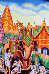 20151029, Vientiane, Laosz: Wat Si Muang (Simuong) buddhista templom. Sákjamuni Buddha élettörténetét ábrázoló festmény