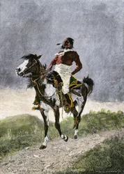 Egy bátor komancs, aki lóháton utazik a déli prérin (Texas, Oklahoma, USA), 1800 körül. Lithográfia