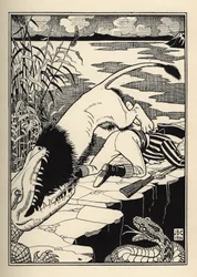Egy oroszlán, aki Münchausen bárót akarta megtámadni, krokodillal végzett. Illusztráció: William Strang (1859-1921) és JB Clark Rudolf Erich Raspe (1736-1794) A münchauseni báró (Munchhausen) kalandjaiból (1789)