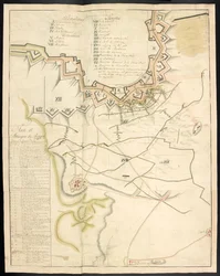 Az ostrommunkák színezett terve. Bergen op Zoom ostromának folyóirata, a franciák 1747-ben; előzte meg a francia tüzérség akkori állapotáról szóló beszámoló.