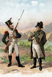 Egy fiatal katona megállítja I. Napóleont útközben 1805. 19. század (kromolitográfia)