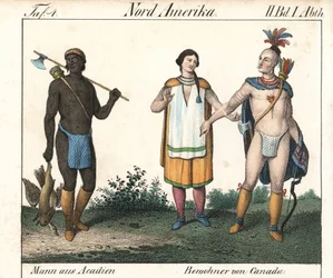 Akadiai férfi tetovált testtel és néhány kanadai indián őslakos. Litográfia a könyvhöz: Friedrich Wilhelm Goedsche (1785-1863) "Galerie complete en tableaux fideles des peuples d