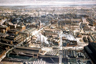 Az esseni Krupp-gyár légi felvétele, 1920 körül (metszet)