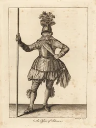 Pikemen tiszt katonai egyenruhában, sisakban, mellvért páncélban, pántban, bricsesznadrágban, kardos tömlőben és csukában