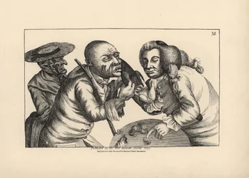 A csődbe ment Toby és felesége, Doxy sajtért és sörért koldulnak egy kocsmában. Thomas Sanders rézmetszete Timothy Bobbin (John Collier) (1708-1786) szatirikus illusztrációja után a Human Passions Delineated, John Haywood, Manchester című kötetből.