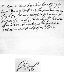 „Ebben az országban születtem és tanultam, Nagy-Britannia nevében dicsekszem” – kivonat III. György kezében a csatlakozása utáni első trónbeszédéből.