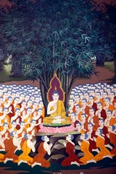 Buddha tanítása a tanítványoknak, falfreskó, Wat Botum templom, Phnom Penh, 2022 (fotó)