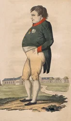 Karikatúra Bonaparte Napóleonról Szent Ilona szigetén, két hónappal a május 5-én bekövetkezett halála előtt készült