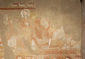 Templom (Église Saint-Martin). Belső. Falfestmények (freskó). A hajó nyugati fala. Részlet. Apostolok. 12. század.