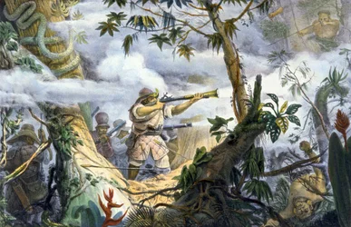 "Civilizált" indiánok harcolnak a botocudos indiánok ellen, Brazília