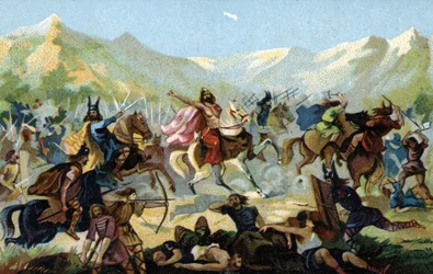 I. Klodvig (466-511), a frankok királya a 496-os tolbiai csatában, az alamannok germán törzse ellen vívott csatában megfogadta, hogy győzelme esetén áttér. A 19. század vége (kromolitográfia)