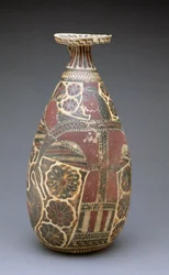 Korinthoszi fekete alakzatú alabastron, szárnyas "Az állatok úrnőjével", görög, archaikus korszak, ie 600 körül (terrakotta)