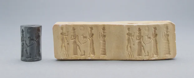 Hengerpecsét, gipszlenyomattal, óbabiloni, Kr.e. 19-18. (hematit)