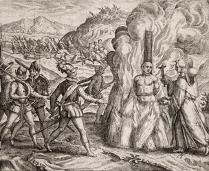 A spanyol gyarmatosítók által az indiánok ellen elkövetett bűncselekmények leírása - A konkvisztádorok máglyán égetnek el egy indiánt, aki nem volt hajlandó áttérni a katolikus hitre. A ferences rend vallása (metszet) "" Narratio regionum indicarum per His