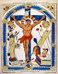 19. századi holland illusztráció, amely a megfeszített Krisztust ábrázolja. 1850 körüli fametszet