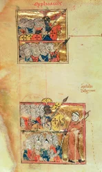 Pl. 1500 f.45v Két miniatúra, amelyen a keresztes lovagokat Remete Péter vezeti, 1095 körül, Histoire Universelle, 1286 körül (vellum) (részletekért lásd: 11457)