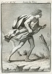 Egy széllel szemben sétáló férfi etűdje, akinek ruhája és haja felborzolta a széllökésektől, teste előre dől. Metszet Leonardo da Vinci (Leonard de Vinci) (1452-1519) „" Treat of Painting" című könyvéből. "" Értekezés Liona festményéről