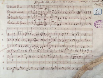 Symphony n. négy cselló partitúrájának első oldala. 7 hu A-dúr, op. 92, Ludwig van Beethoven