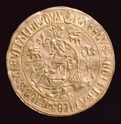 Francia Károly, Aquitánia hercegének (1433-77) Or-erődje (előlapja), amelyen az oroszlánnal birkózó herceg látható, Bordeaux-ban ütve