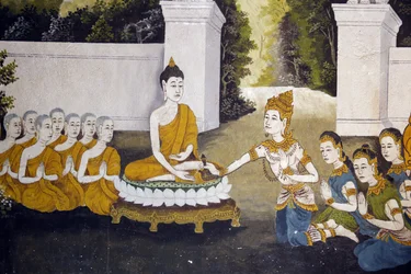 Buddha életének egy jelenetét ábrázoló freskó Wat Phra Doi Suthepben, Chiang Mai államban. Buddha alamizsnát kap. Thaiföld