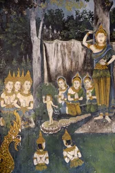 Buddha életének egy jelenetét ábrázoló freskó Wat Phra Doi Suthepben, Chiang Mai államban. Thaiföld. Buddha gyerekként.