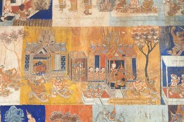 A Wat Bo falait díszítő freskók a Reamker, Siem Reap, Kambodzsa jeleneteit ábrázolják (fotó)