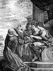 Galilei bemutatja távcsövét a múzsáknak, és rámutat a világegyetem heliocentrikus rendszerére.