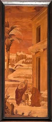 Genova, Dóm (Szent Lőrinc-székesegyház), belül, apszis, kórus, északi oldal: "Keresztelő Szent János szabadságot vesz családjától", Vincenzo és Tommaso Garassino faintarziája (XIX. század)