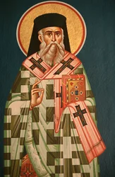 Görög ortodox ikon, amely egy szent püspököt ábrázol, Thessalonique Görögországot