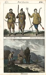 Grönlandi lakosok, akik bőröket viselnek, és egy labradori (Kanada) inuit háromágú szigonnyal. Az alábbi képen az inuit család mindennapi életének egy jelenete látható egy iglu, egy sátor és egy kenu előtt, Észak-Amerika. Litográfia a könyvhöz: "Galerie co