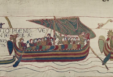 Harold hajóit Ponthieu Guy gróf területére fújják, Bayeux Tapestry (gyapjú hímzés vászonra)