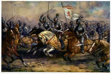 Történelem. Franciaország. Százéves háború. János cseh király (Vak János) a crecyi csatában, augusztus 26.
