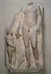 Huntsman, töredék egy temetési sztélén lévő domborműről, padlás, valószínűleg Kr.e. 4. század elején (márvány)