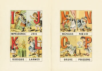 I: vakmerőség; J: öröm; K: kioszk; L: könnyek; M N O P: háztartás, csomó, rend, hal - Kislányok ABCD-jéből vett metszet. Pellerin & Cie, nyomda-kiadó, Epinal, 1890 körül. Serie A. Méretek: 19 x 13,5 cm.