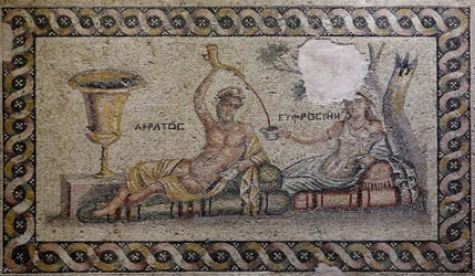 Kratos (Cratos) és Euphrosyne (Euthymia) - Mozaik, Akratos és Euphrosyne, Zeugma Mosaic Museum, Gaziantep, Délkelet-Anatólia régió, Anatólia, Törökország, Ázsia
